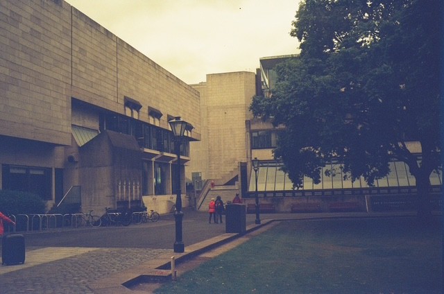 brutal corner of campus, film photograph by Robert Corrigan